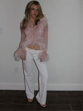 Bubish Pink Feather-Trim Long Sleeve Top